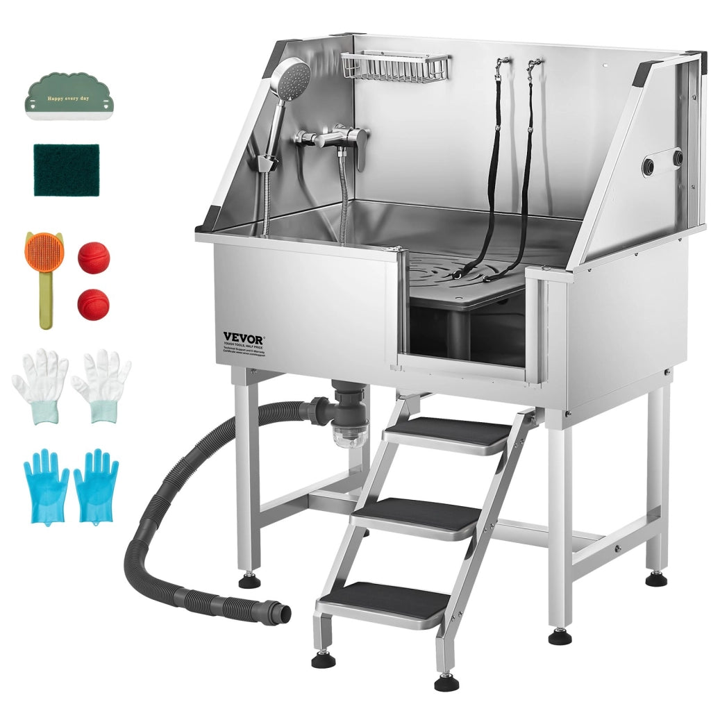 Vasca da Toelettatura Cani K2E01002 in Acciaio Inox Argento 96,52 cm Stazione Lavaggio con Scale Rubinetto Porta Destra Robusta e Regolabile