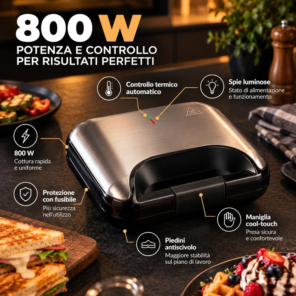 Macchina per Waffle con Piastre Intercambiabili Panini Maker e Grill Salvaspazio