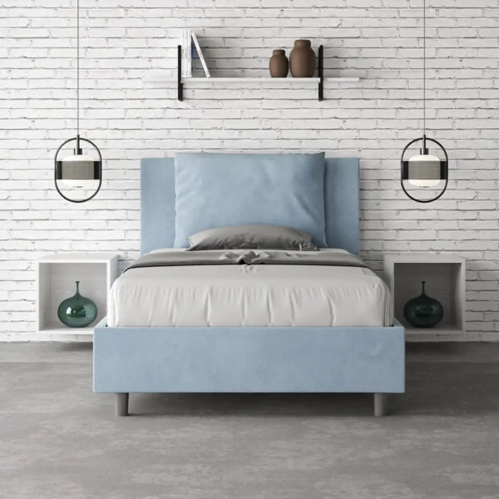 Letto una piazza e mezza contenitore imbottito 120x190 microfibra azzurro Antea