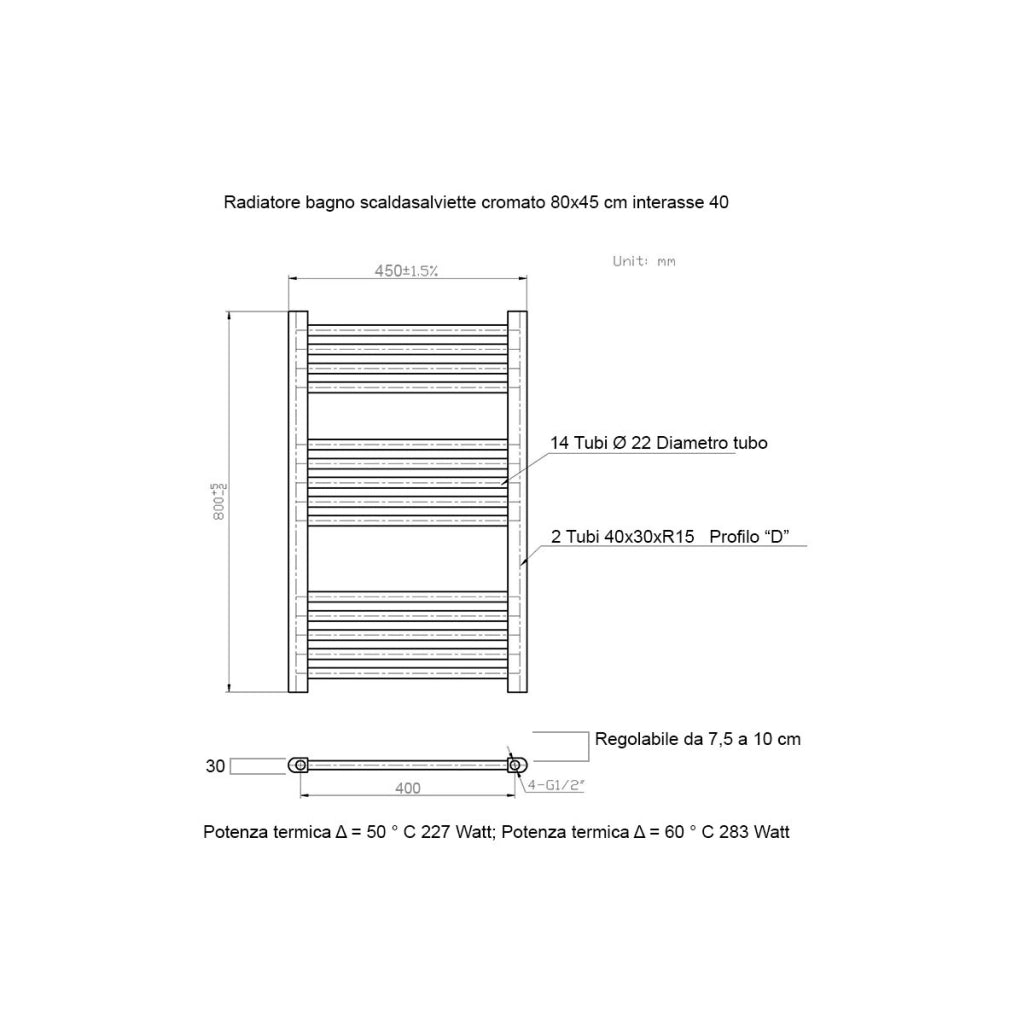Scaldasalviette termoarredo 80x45 cromato interasse 40 cm idraulico