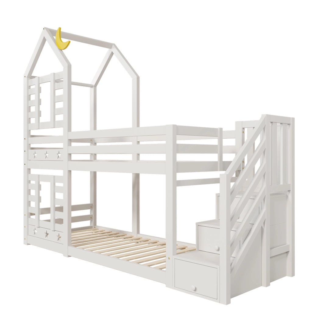 Letto a castello per bambini 90x200 cm a forma di casetta bianco