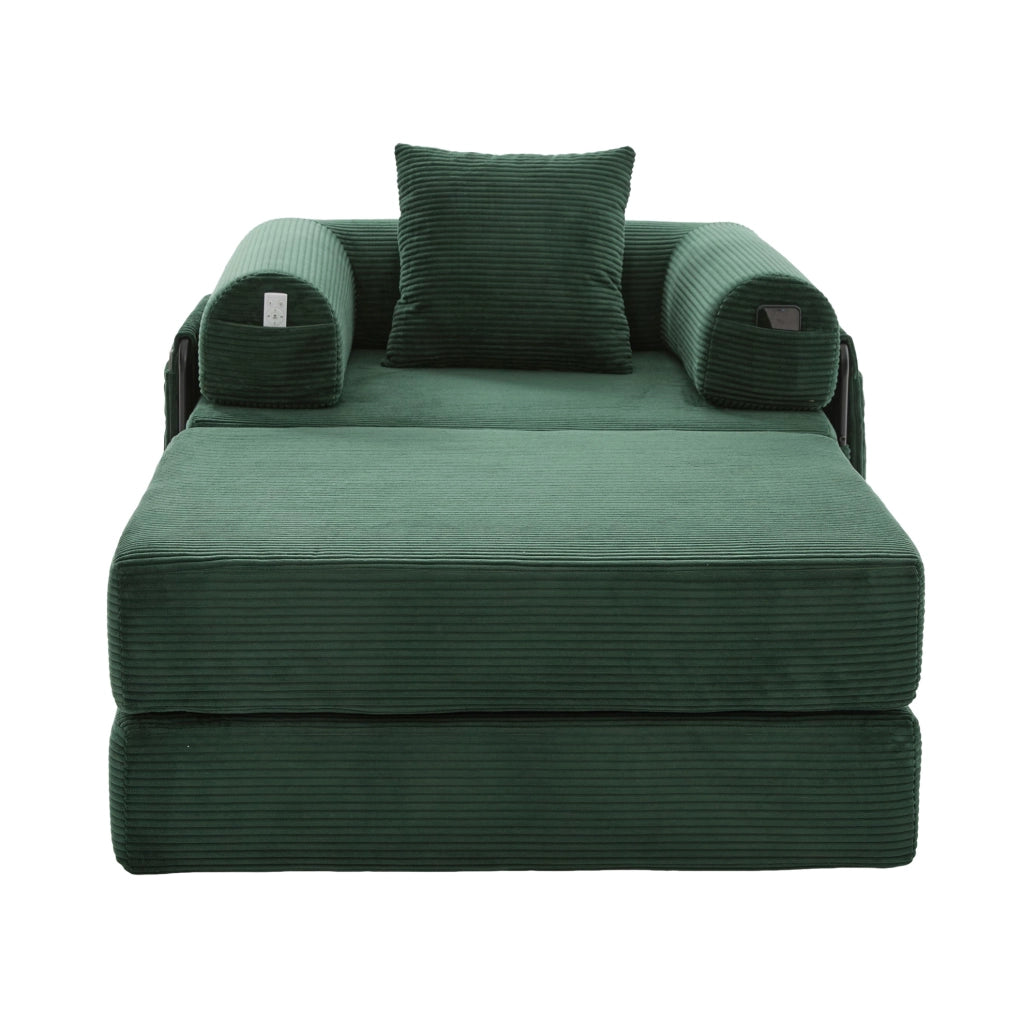 Divano modulare velluto a coste verde con pouf, cuscino e tasca laterale