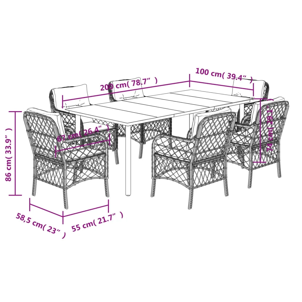 Set da Pranzo da Giardino 7 pz Nero con Cuscini in Polyrattan