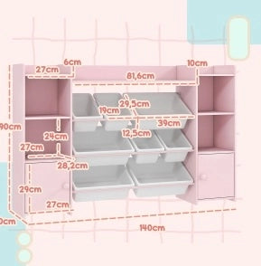 Scaffale per bambini 140x30x90 cm in MDF e metallo rosa con 8 contenitori