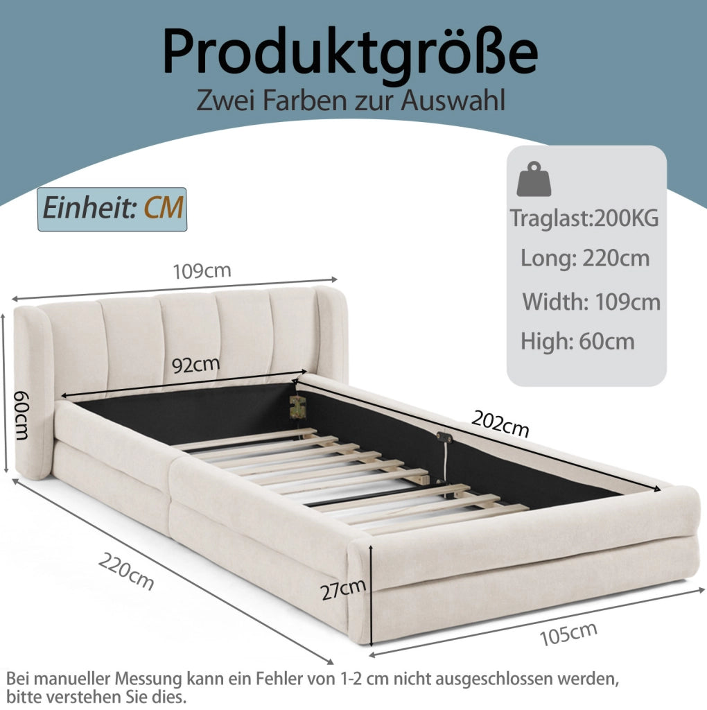Letto singolo imbottito 90x200 cm in ciniglia beige
