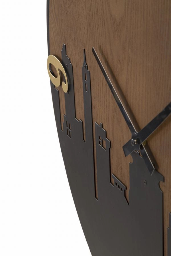 Orologio da Muro City 60x2x60 cm in Ferro e MDF Nero e Marrone e Oro