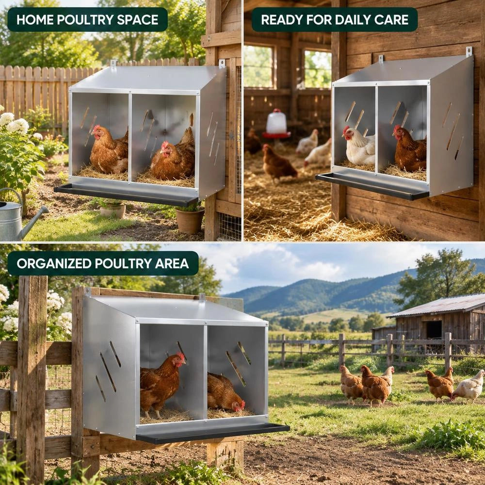 Chicken Nesting Box With 2 Compartments, Galvanized Silver Metal
