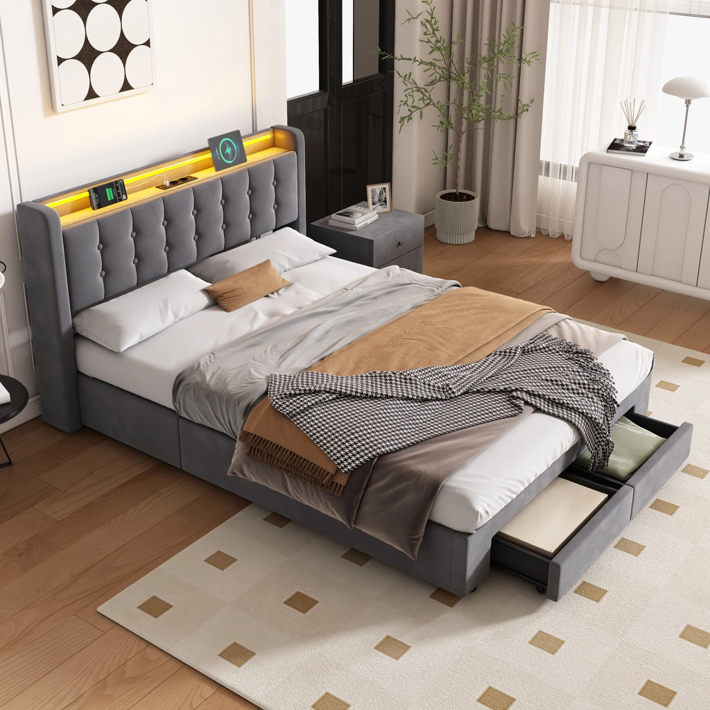 Letto imbottito 140x200 cm in velluto con LED, 2 cassetti e porte USB