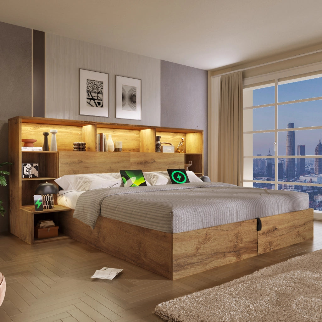 Letto matrimoniale con contenitore e rete a doghe legno rovere con comodini LED USB e USB-C