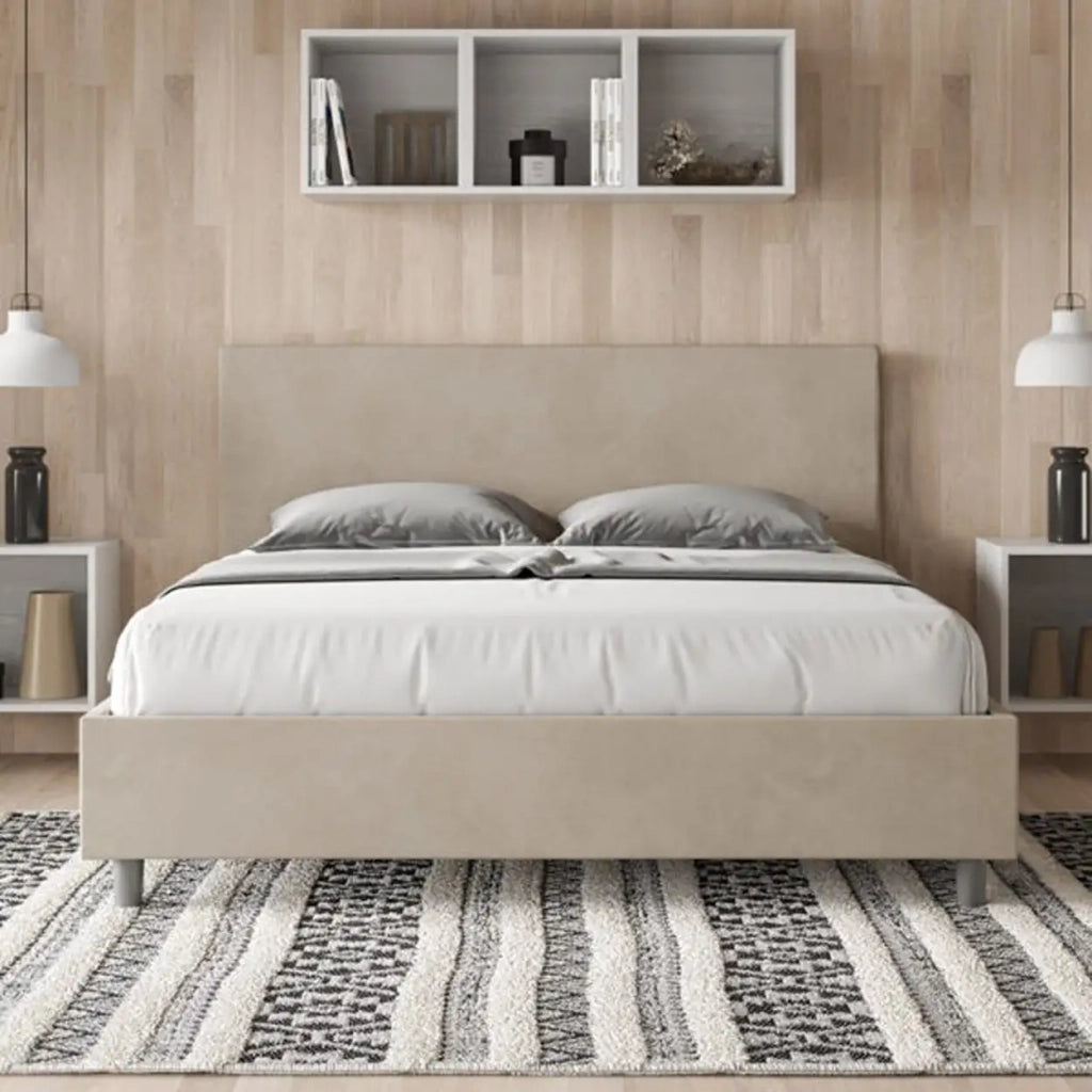 Letto matrimoniale senza rete imbottito 160x200 microfibra sabbia Adele