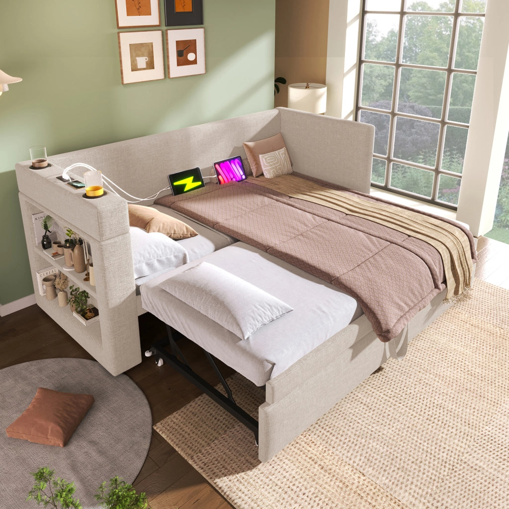 Letto singolo estraibile 90 × 190 cm con USB Type-C portabicchieri in cotone e lino beige