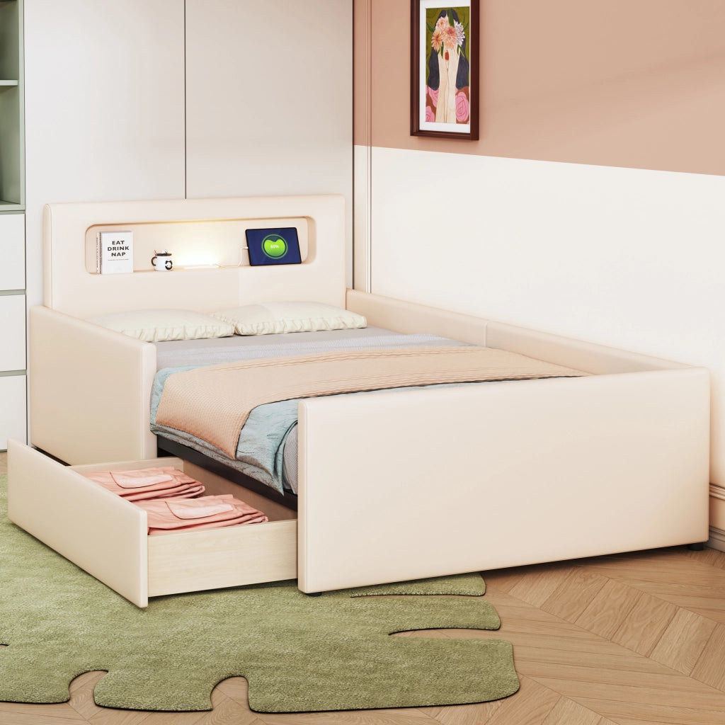 Letto imbottito per bambini 90x200 cm con luce LED; porta USB e cassetti; beige