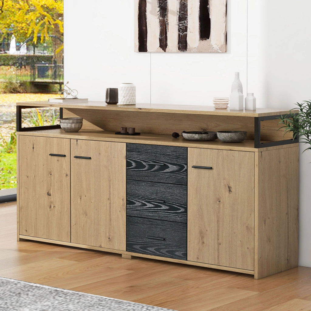 Sideboard moderno 150x35x75;9 cm con 3 porte e 3 cassetti; nero e colore legno