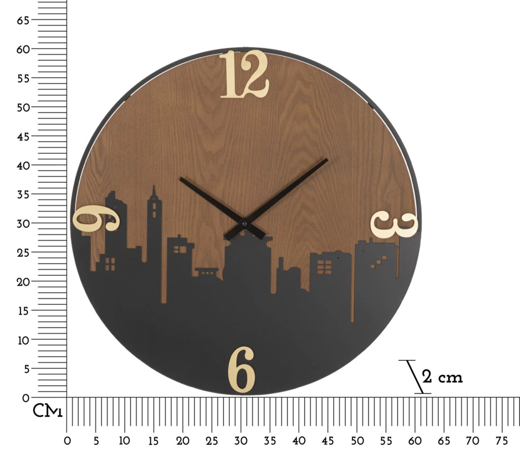 Orologio da Muro City 60x2x60 cm in Ferro e MDF Nero e Marrone e Oro