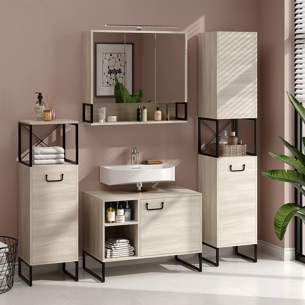 Vicco Mobile a specchio per il bagno Quercia/nero 80 x 71.5 cm con luce LED