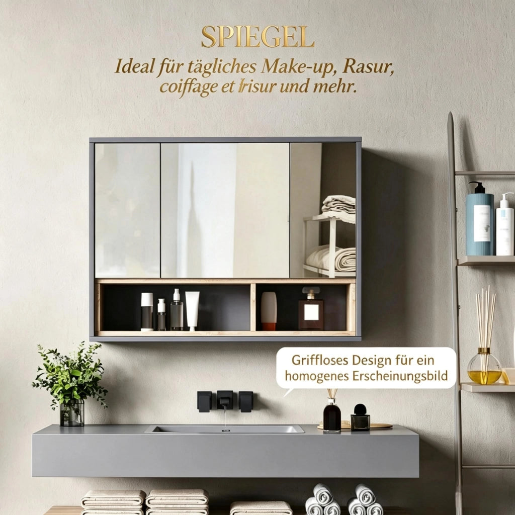 Armadietto a Specchio da Bagno con 3 ante specchio; Mobile bagno con Vano Aperto e 8 Depositi; Mobile Bagno; Grigio; 80x20x60 cm