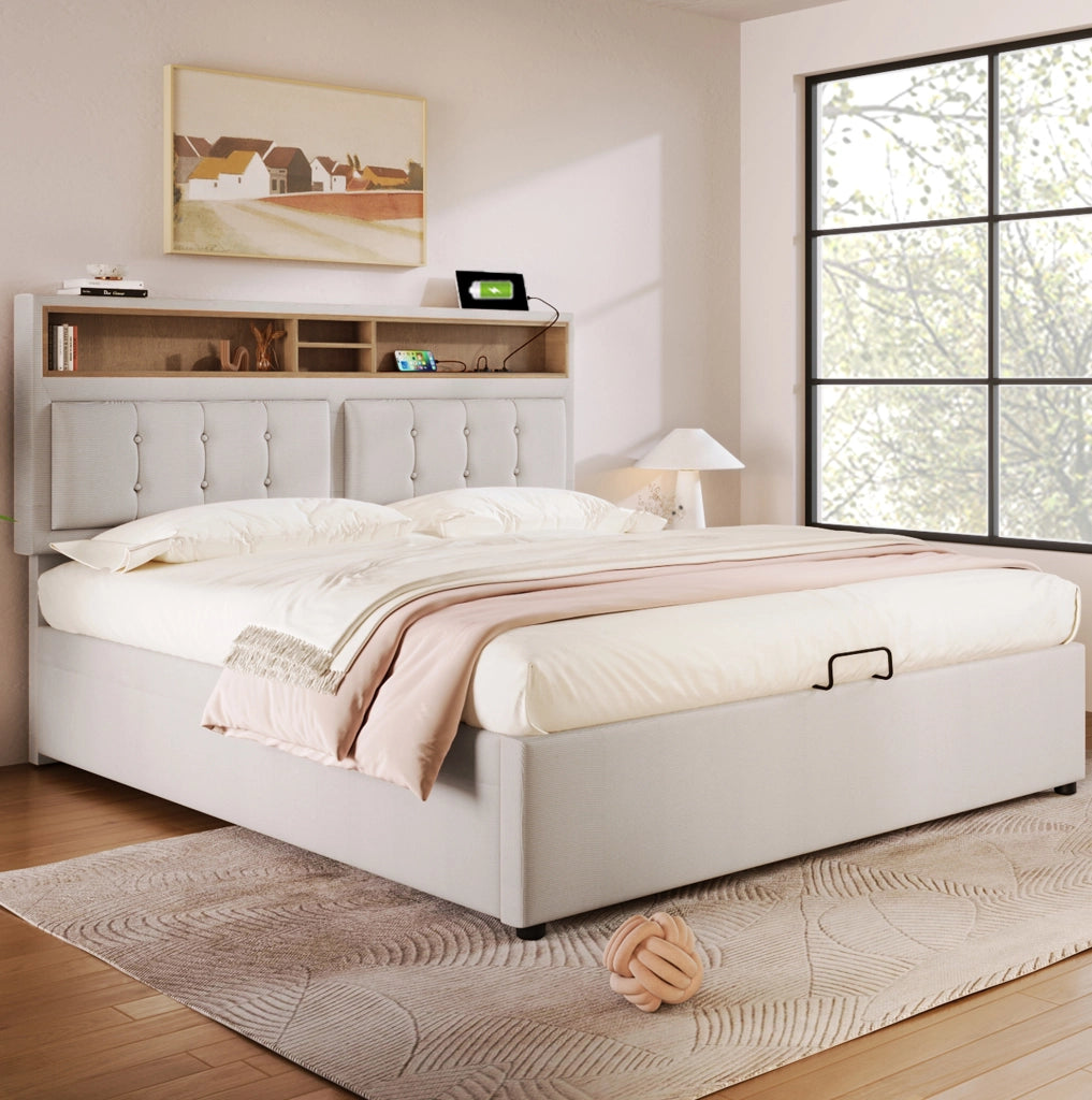 LETTO Contenitore 140x200 cm in lino beige con testiera regolabile e USB
