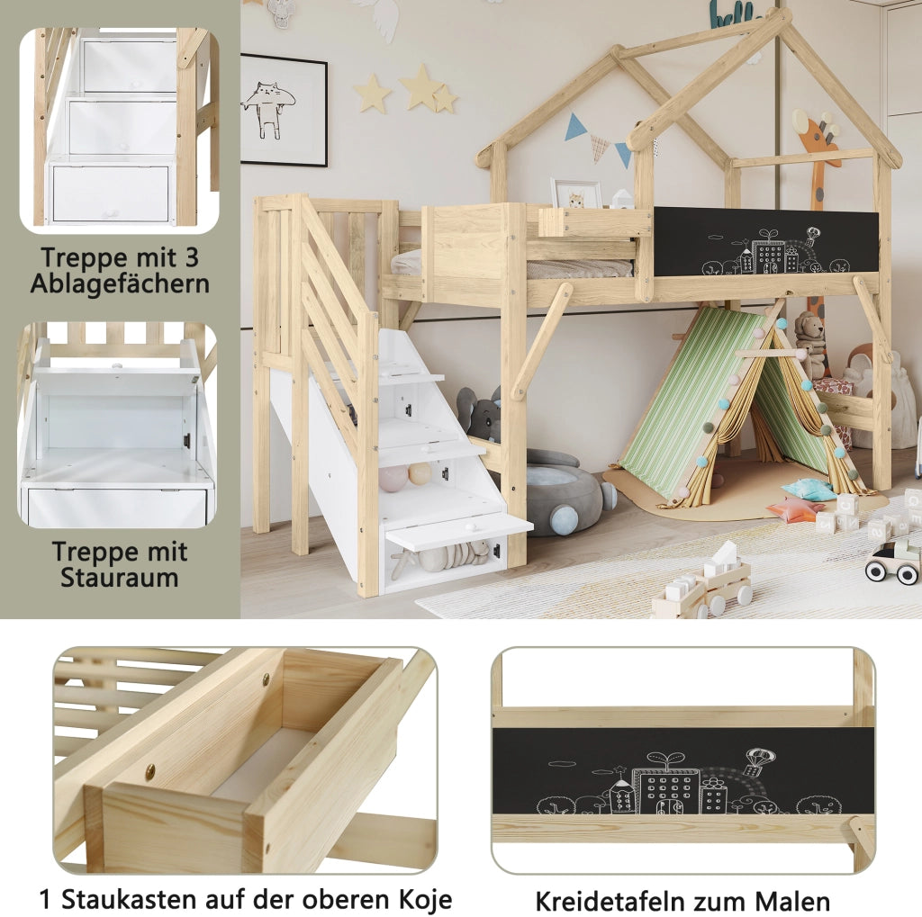 Letto a castello per bambini 90x200 cm con scala contenitore