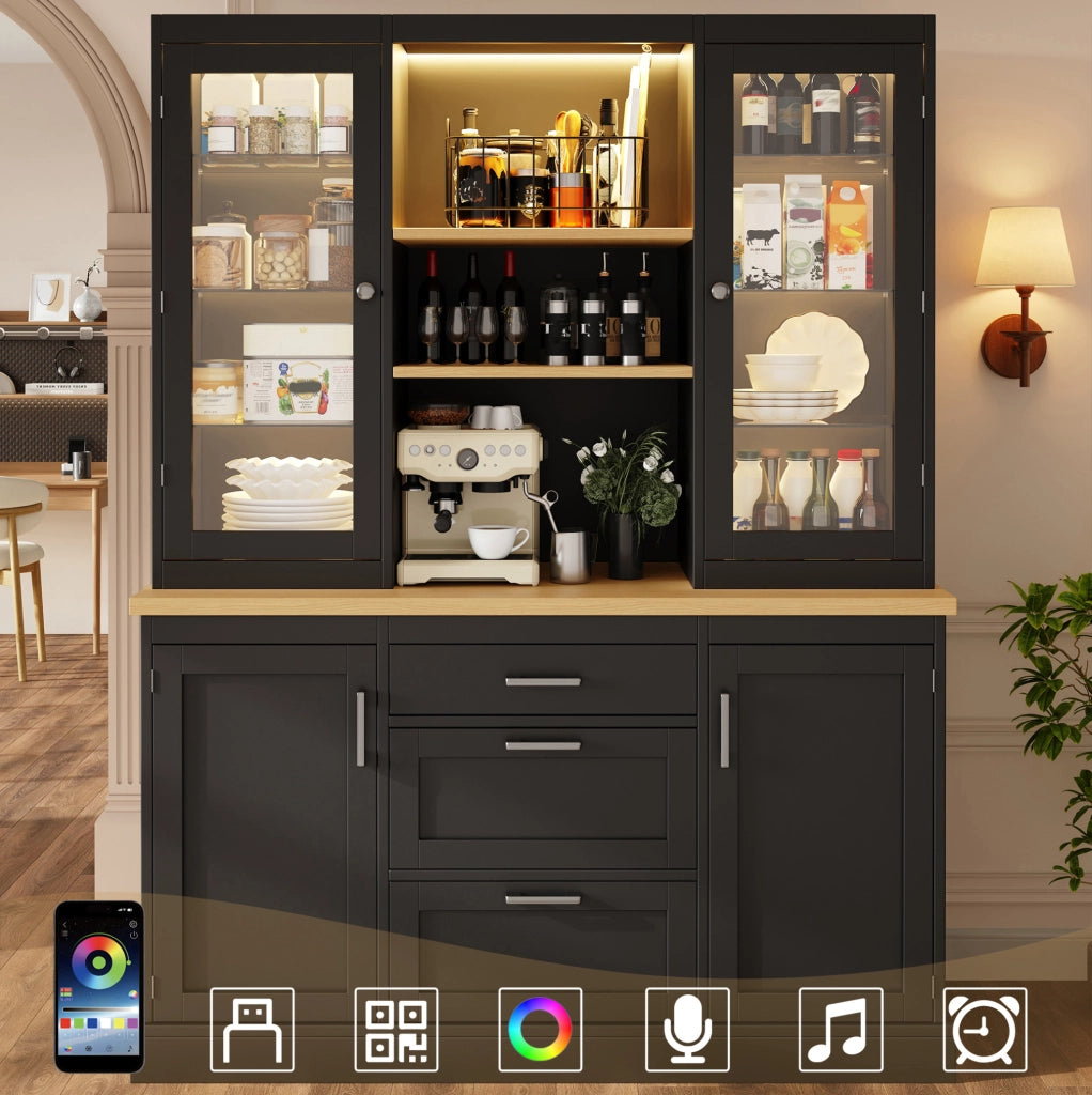 Mobile cucina ULEVR 140x40x185 cm con 3 cassetti, ripiani regolabili, LED RGB con app e piano di lavoro nero