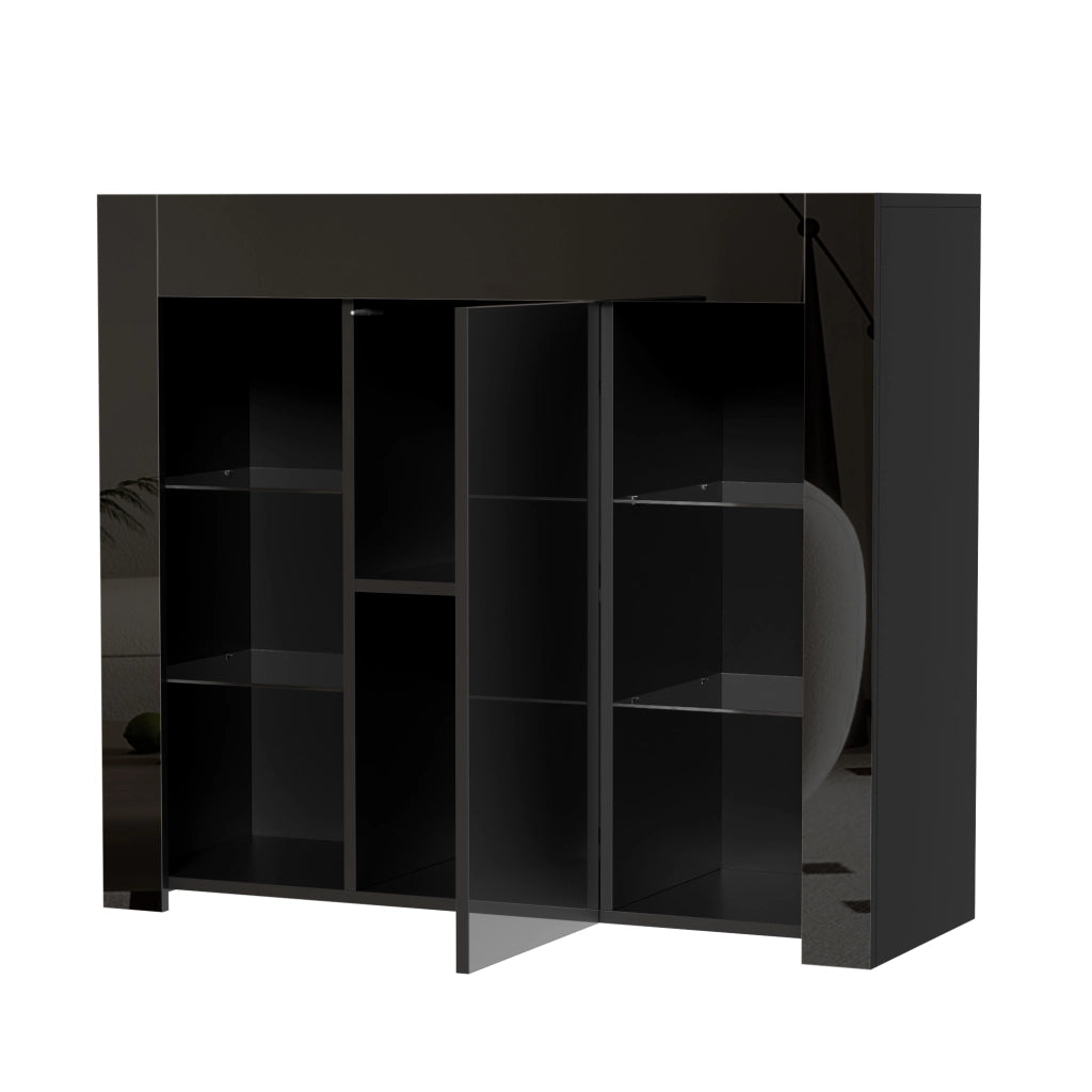 Credenza moderna nera con frontale lucido e ripiani in vetro; 95x35x83 cm