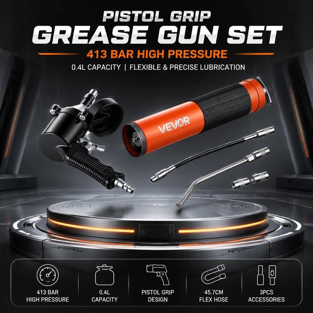 Grease Gun, 413 Bar, Pistol Grip Grease Gun Set With 0.4 L Capacity, Including 45.7 Cm Flexible Hose, 1 Extension Tube And 2 Flat Nozzles For Automotive And Marine Applications
