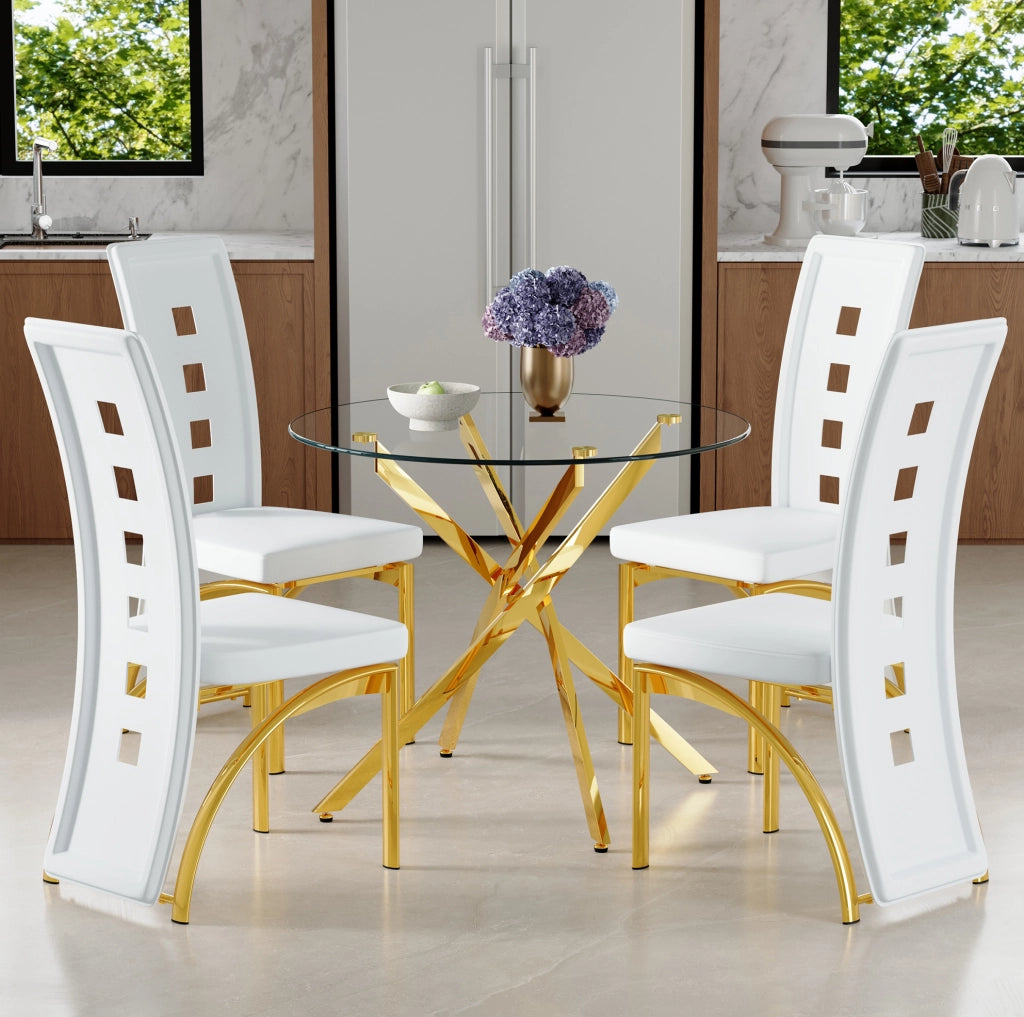 Set tavolo e sedie 88 cm in vetro temperato bianco e oro, 4 posti per piccoli spazi