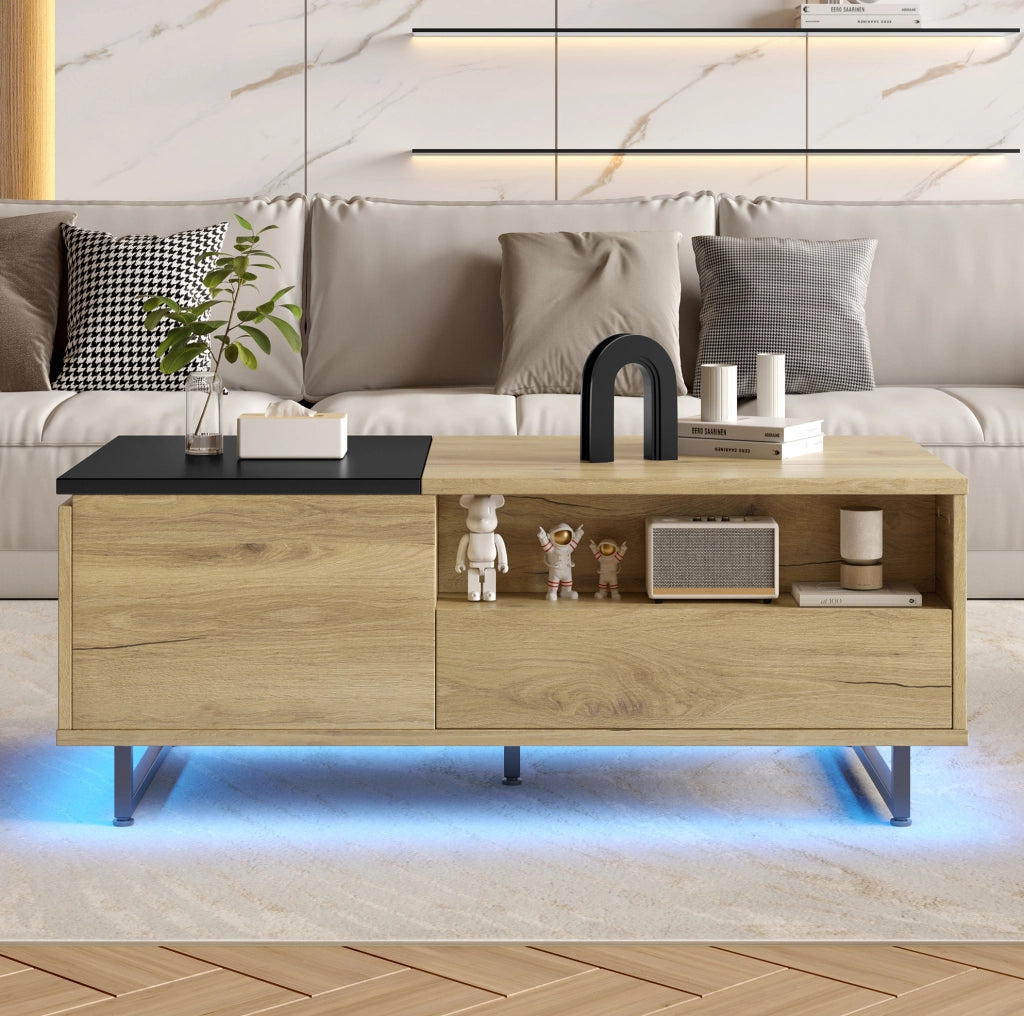 Tavolino da caff¨¨ 103,5x50 cm con piano sollevabile, LED blu e vani