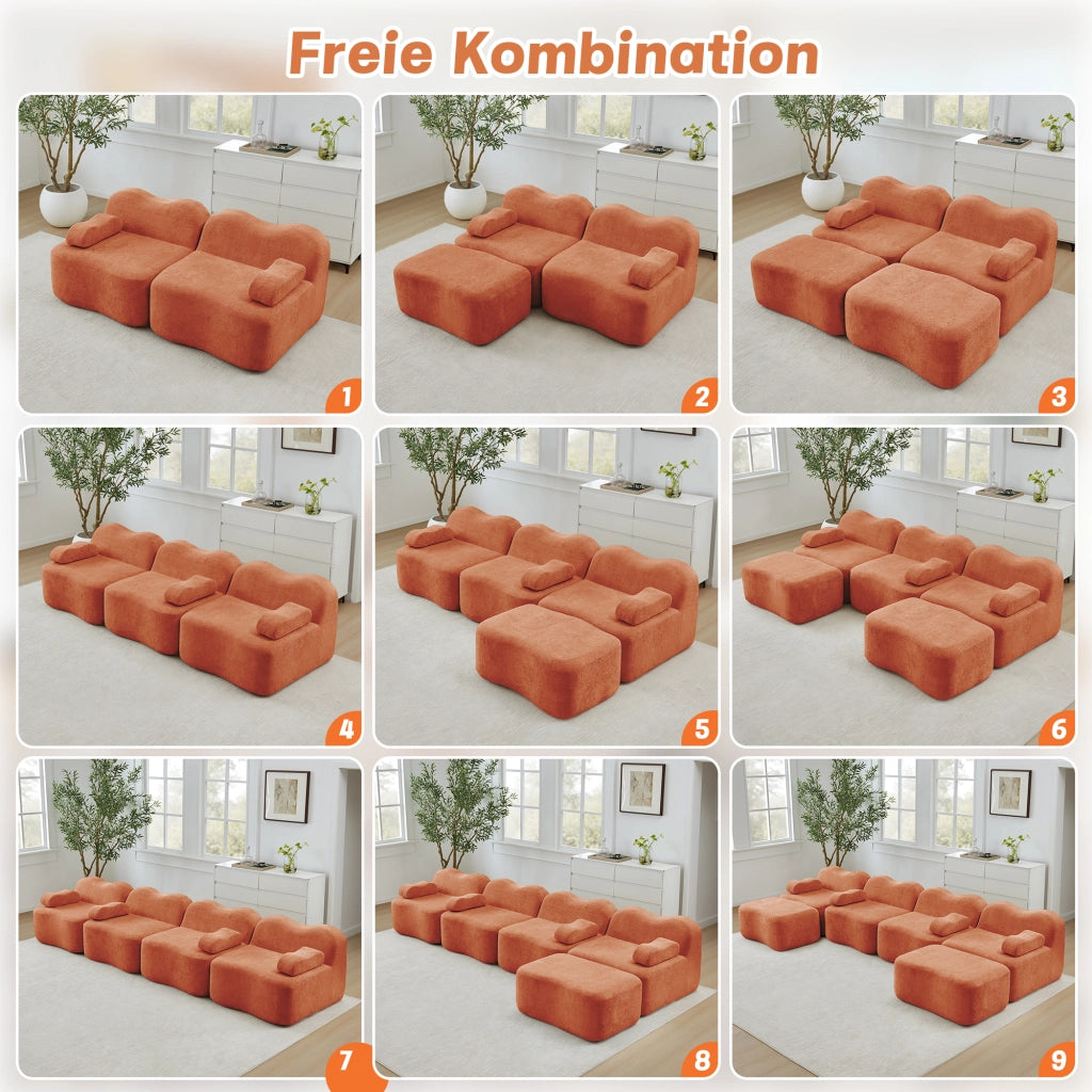 Divano modulare angolare 2 posti con pouf; forma ondulata e cuscino bracciolo mobile; velluto arancione