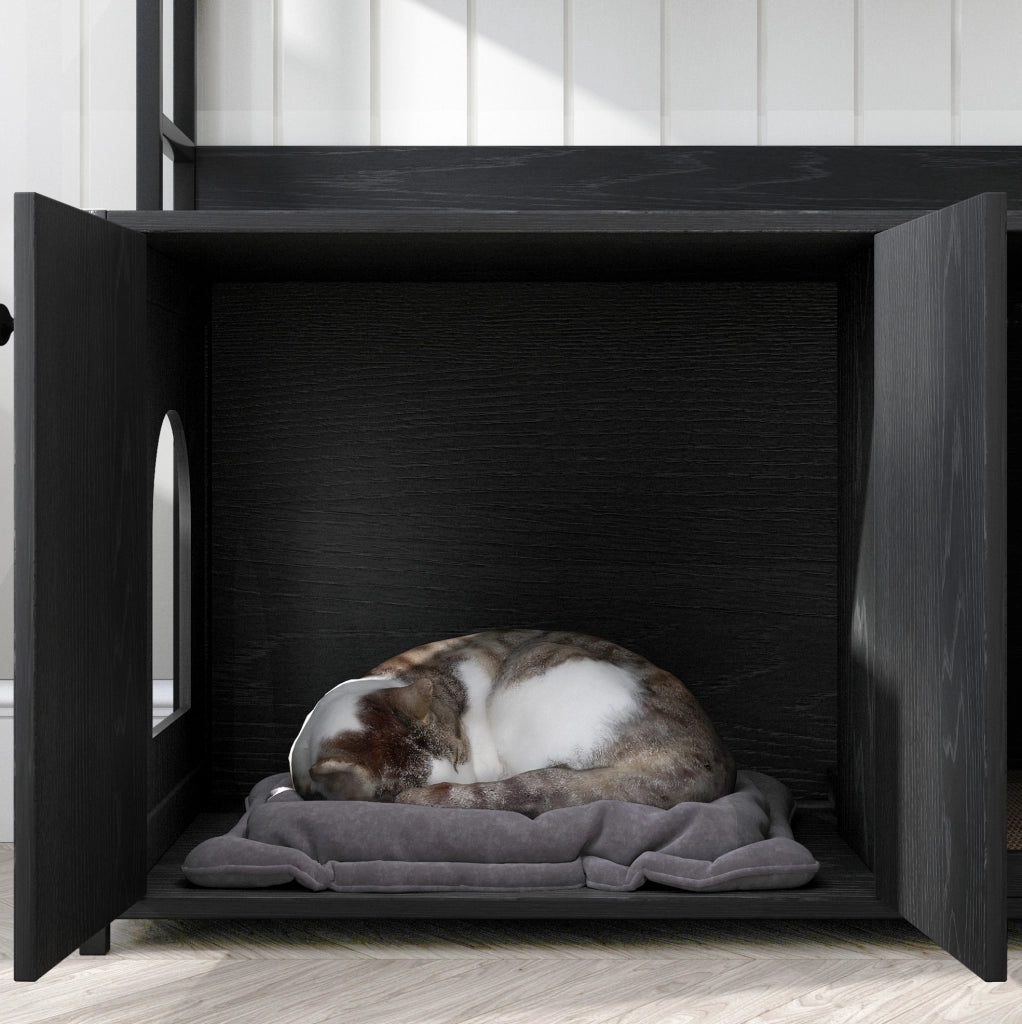 MOBILETTO LETTIERA per gatti con scaffali 3 livelli, nero, MDF e metallo