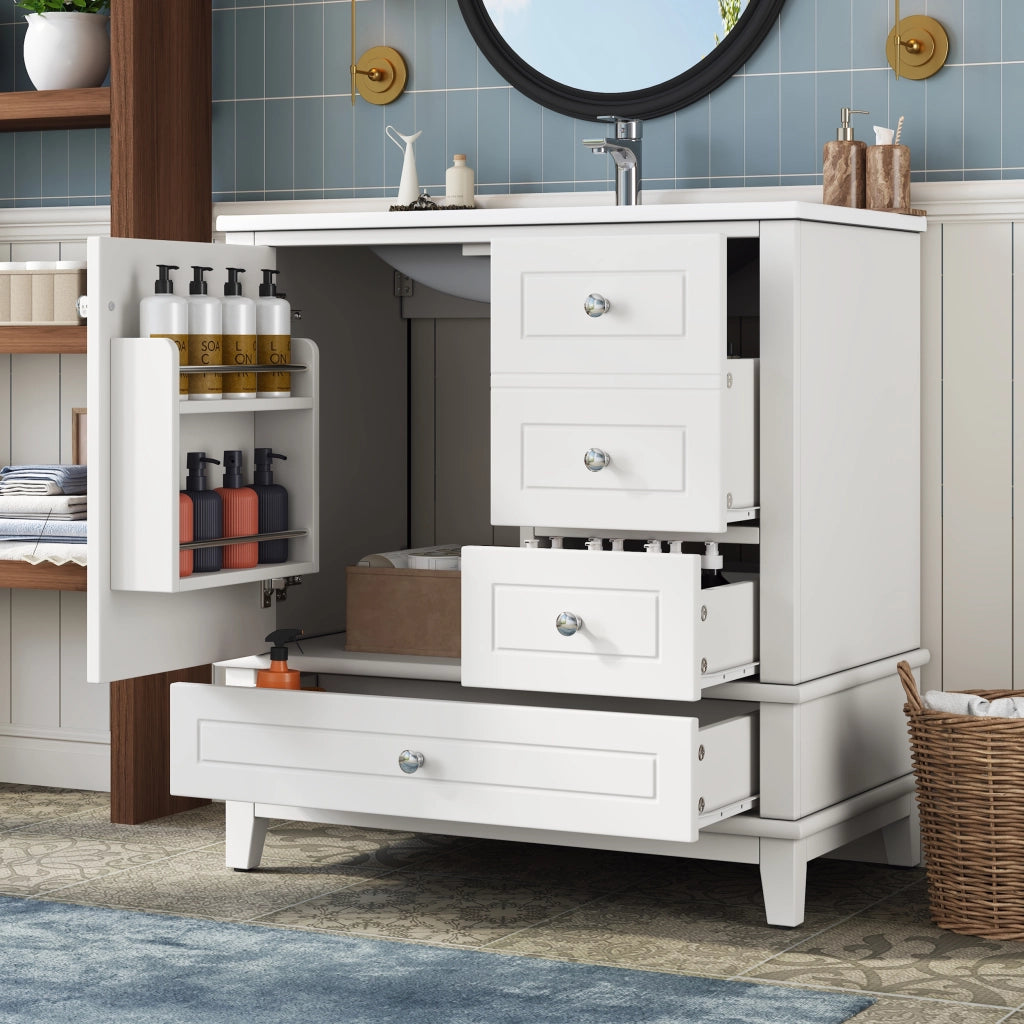 Mobile bagno a terra 81 cm bianco lucido con lavabo in ceramica; 3 cassetti e 1 anta