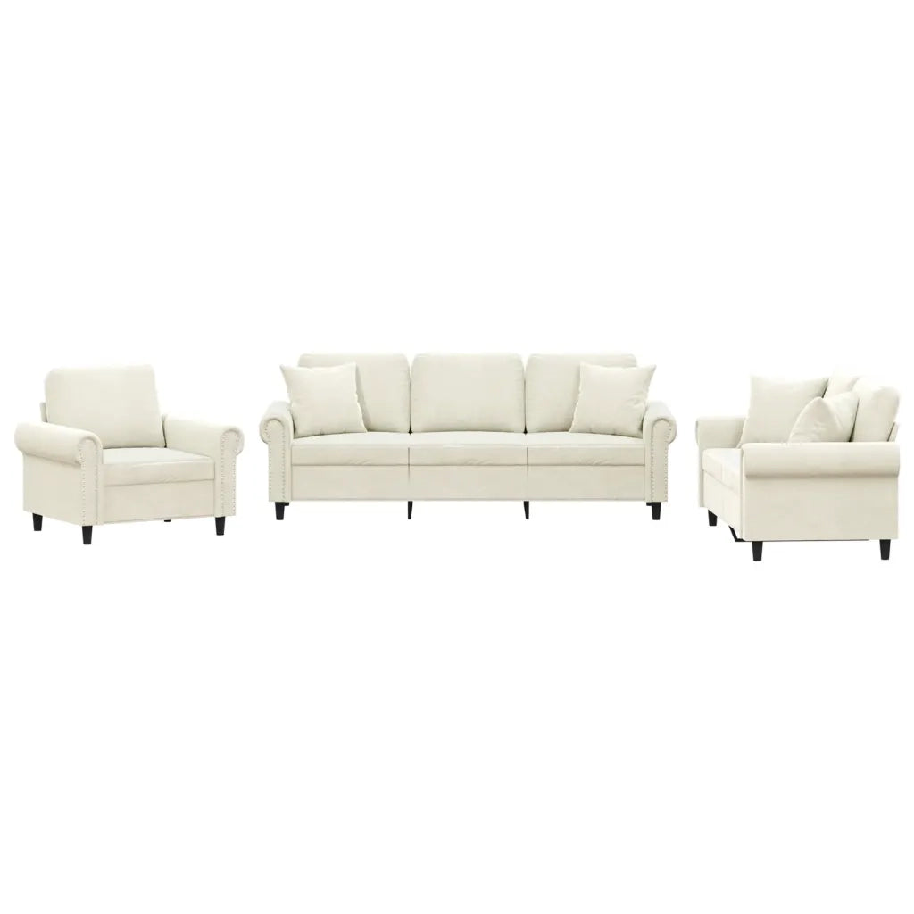 Set di Divani 3 pz con Cuscini Crema in Velluto