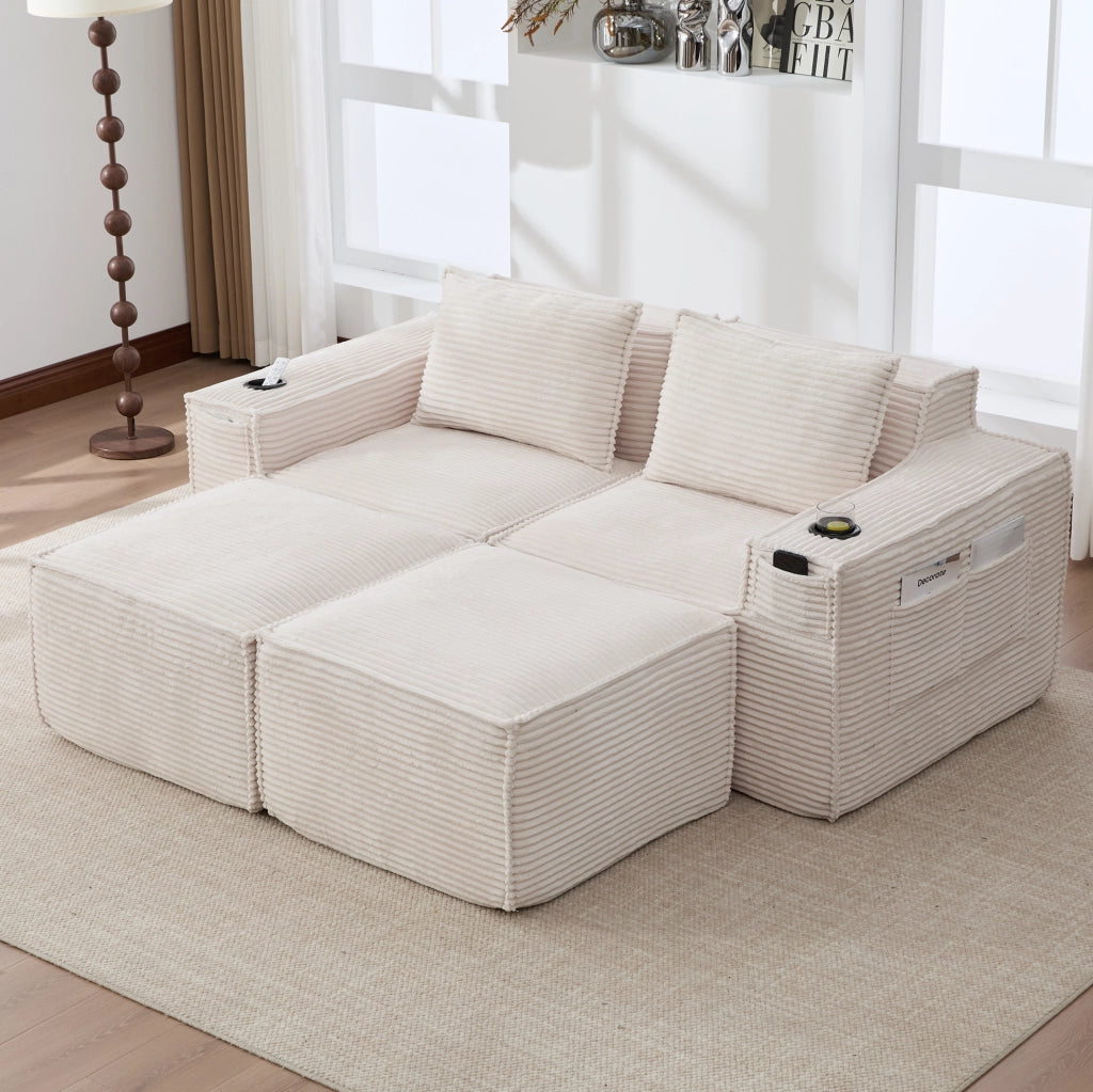 Divano modulare 2 posti corduroy con pouf, porta bicchieri e tasche, beige