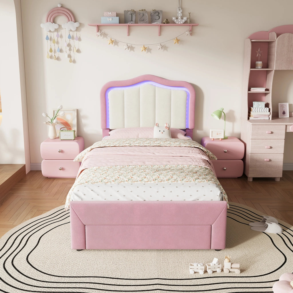 Letto imbottito per bambini 90 x 200 cm con cassetto e LED; velluto rosa