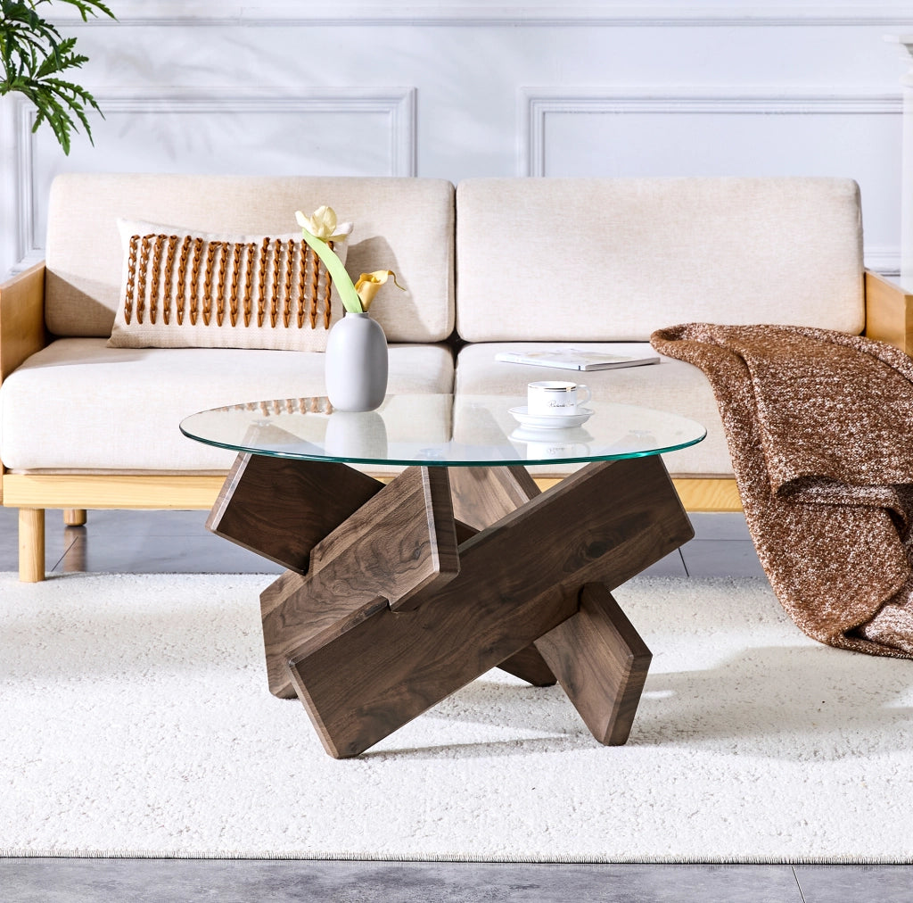 TAVOLINO rotondo 79 cm MDF e vetro trasparente effetto noce
