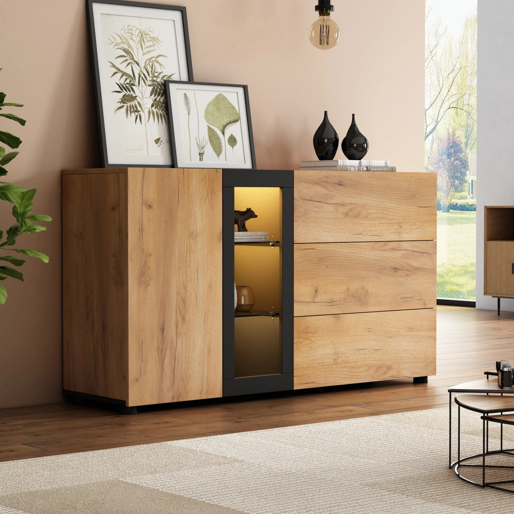 Sideboard moderno 140 cm con LED APP; 3 cassetti; ripiani in vetro; nero e marrone