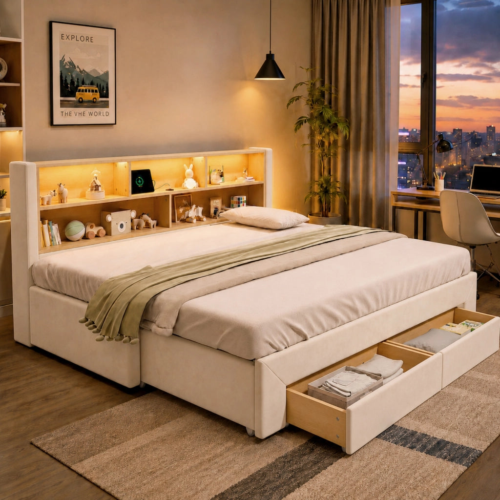 Letto per bambini estraibile 90x200 cm con LED; USB e Type-C; 2 cassetti; velluto beige