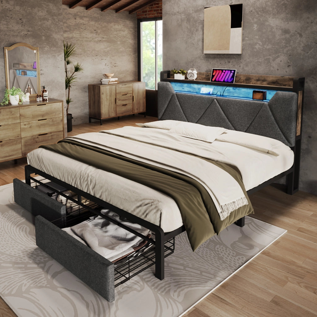 Letto imbottito 140x200 cm grigio con due cassetti