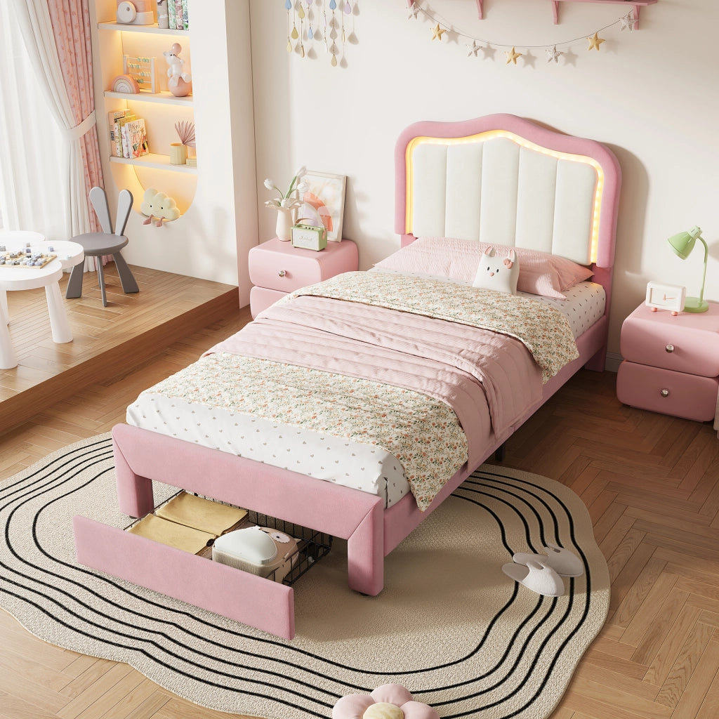 Letto imbottito per bambini 90 x 200 cm con cassetto e LED; velluto rosa