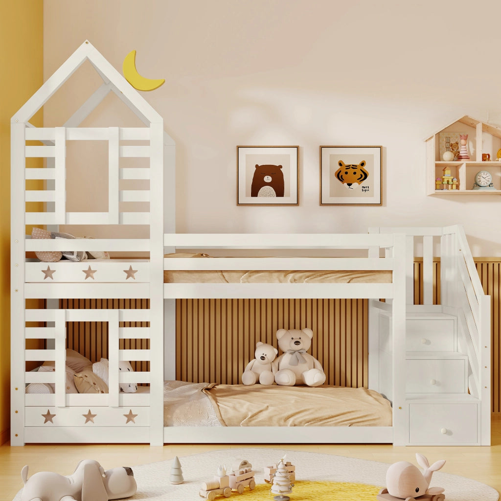 Letto a castello per bambini 90x200 cm a forma di casetta bianco