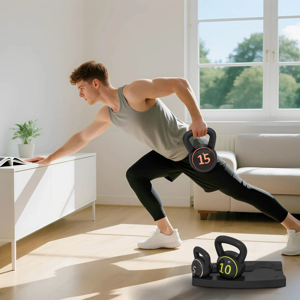 Set Kettlebell Palestra 2,2- 4,5-6,8 kg con Base e Supporto in Plastica Nero