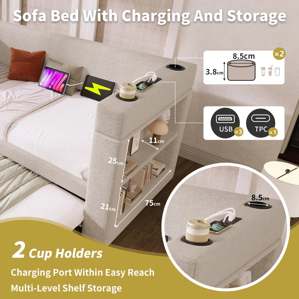 Letto singolo estraibile 90 × 190 cm con USB Type-C portabicchieri in cotone e lino beige