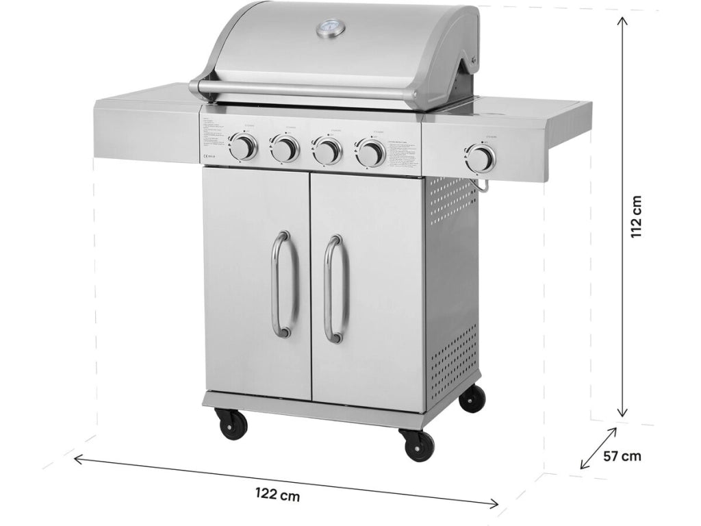 Barbecue a gas in acciaio inossidabile con 5 bruciatori, di cui 1 laterale "Brazzo" - 118 x 57 x 104 cm - Grigio chiaro