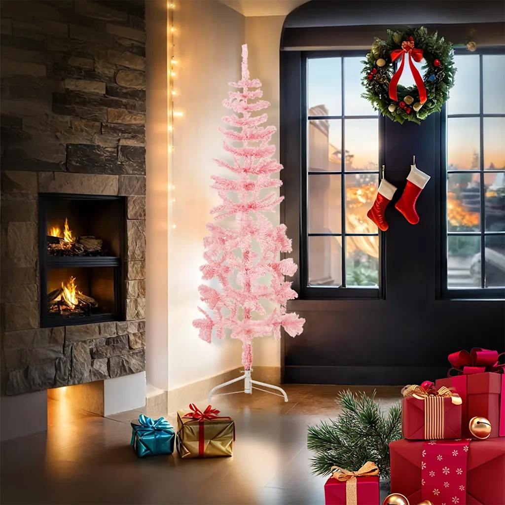 Albero Natale Artificiale Sottile a Met¨¤ e Supporto-Albero Natalizio Rosa 180 cm