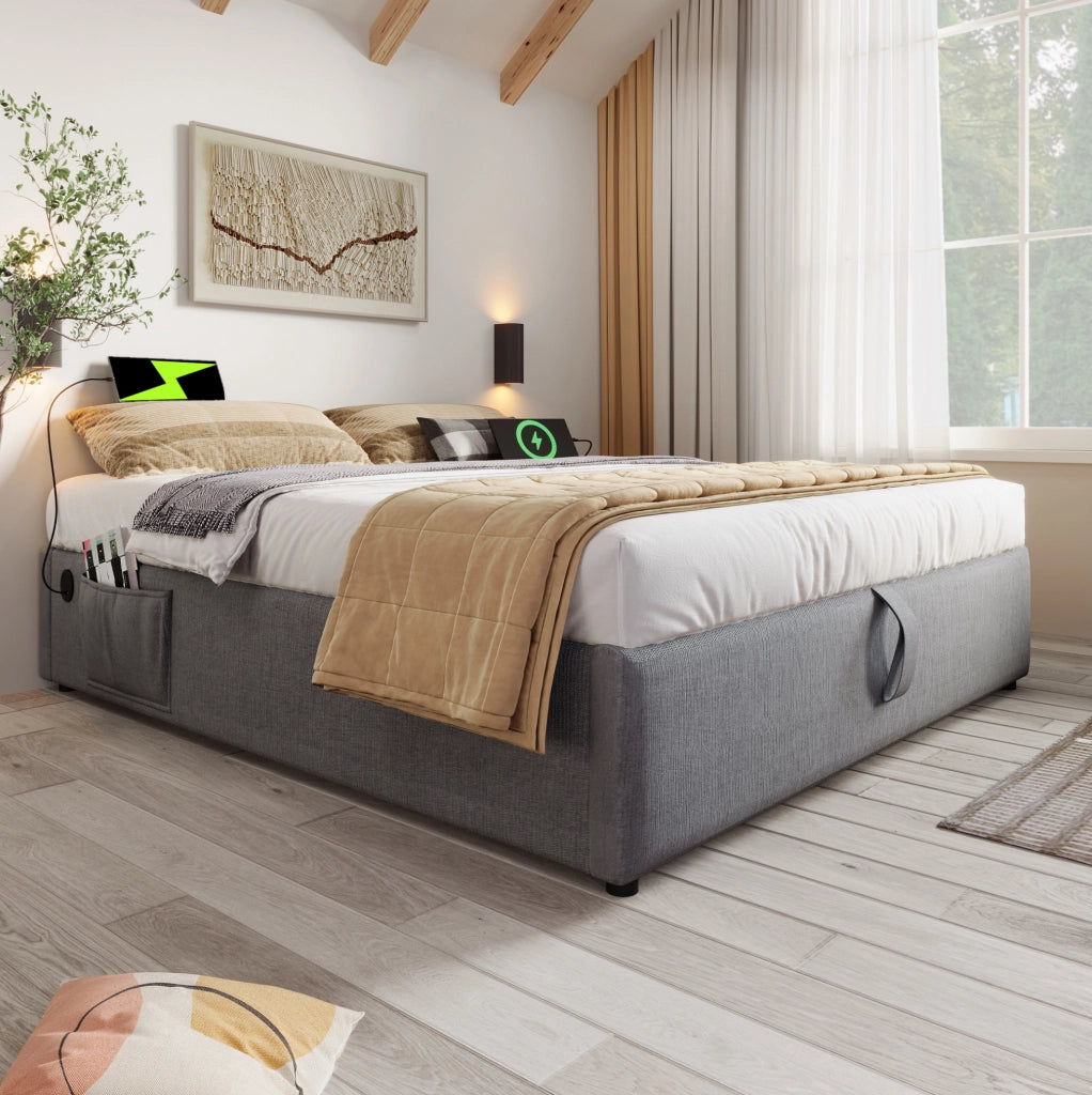 LETTO Contenitore 140x200 cm Grigio in lino con USB e Type-C