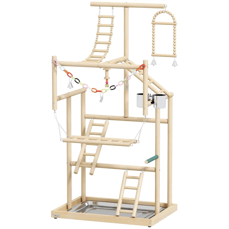 Set trespolo per uccelli a 4 livelli in legno naturale con vassoio in acciaio inox e giocattoli