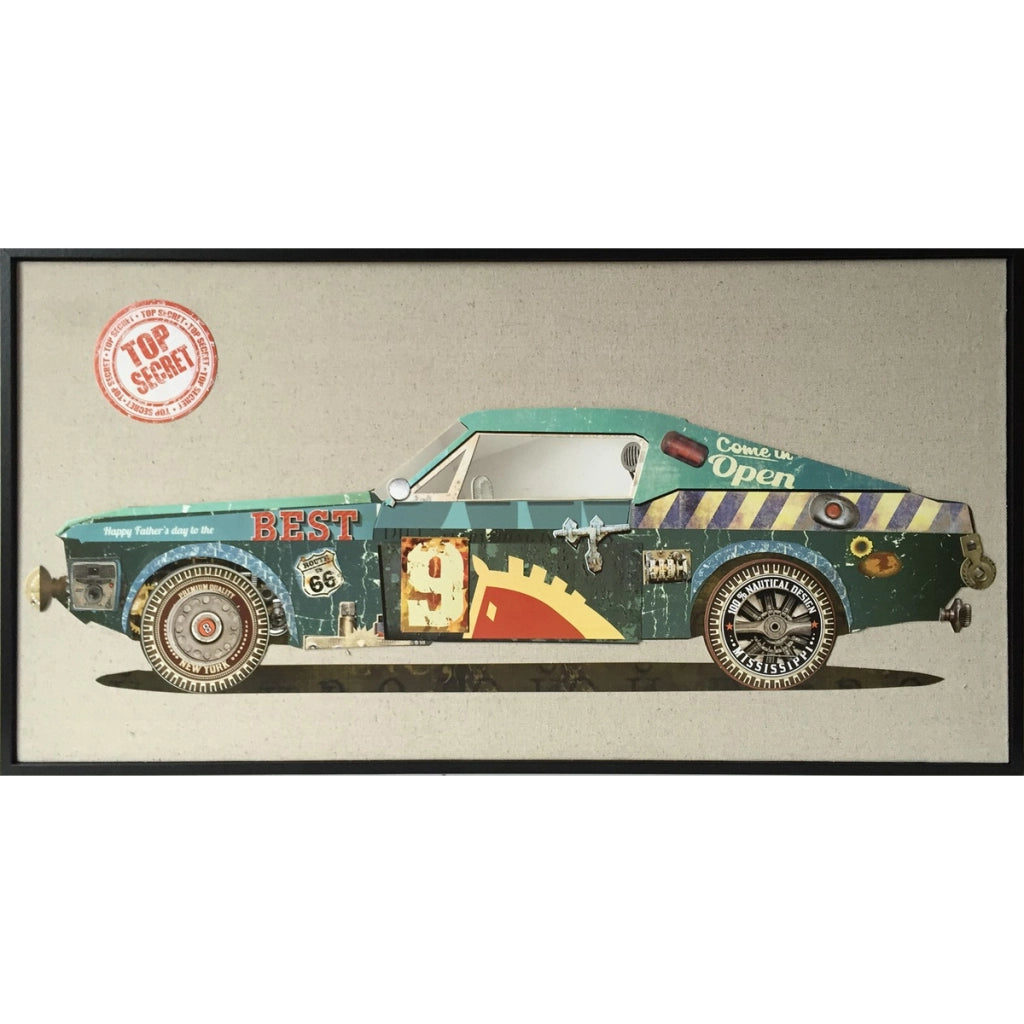 Quadro collage auto da corsa vintage in carta riciclata 82x42 cm