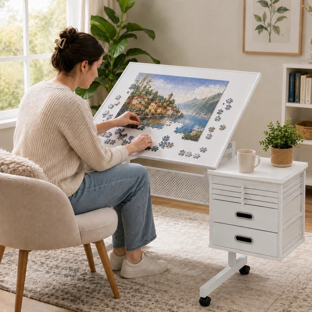 Puzzle 1500 Pezzi con Tavolo in Metallo Bianco, 4 Vassoi, 2 Cassetti e Ruote, per Adulti