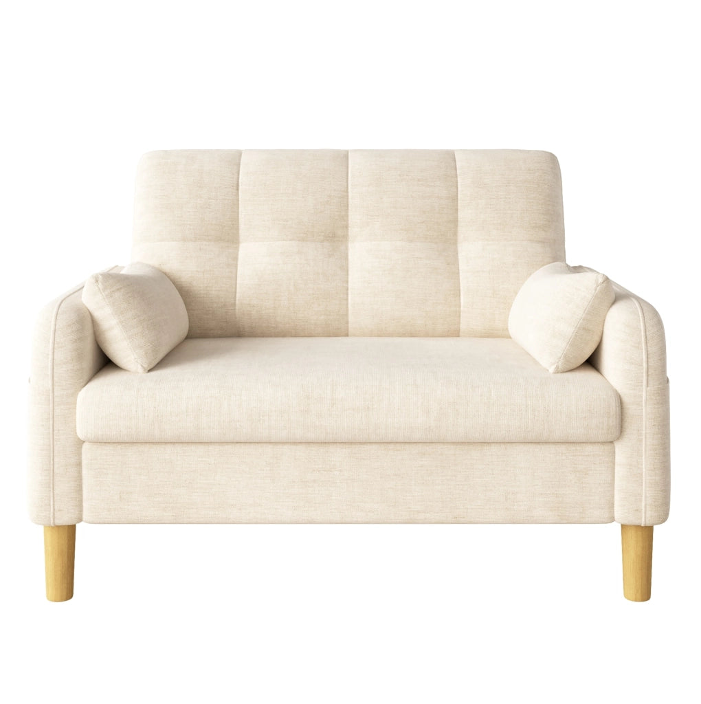 Divano a 2 posti in chenille beige con cuscini e tasca laterale, 119 x 78 x 85 cm