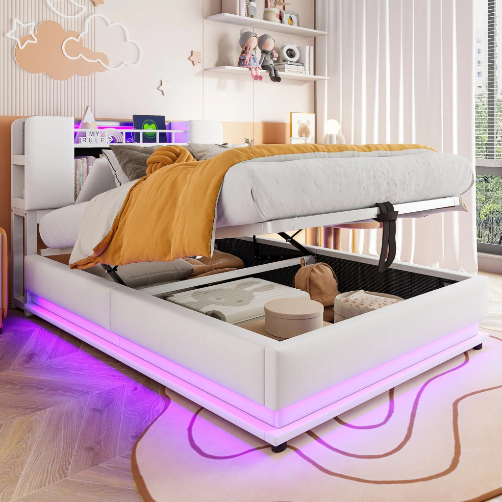 Letto imbottito per bambini 90x200 cm con LED, USB e contenitore idraulico, beige
