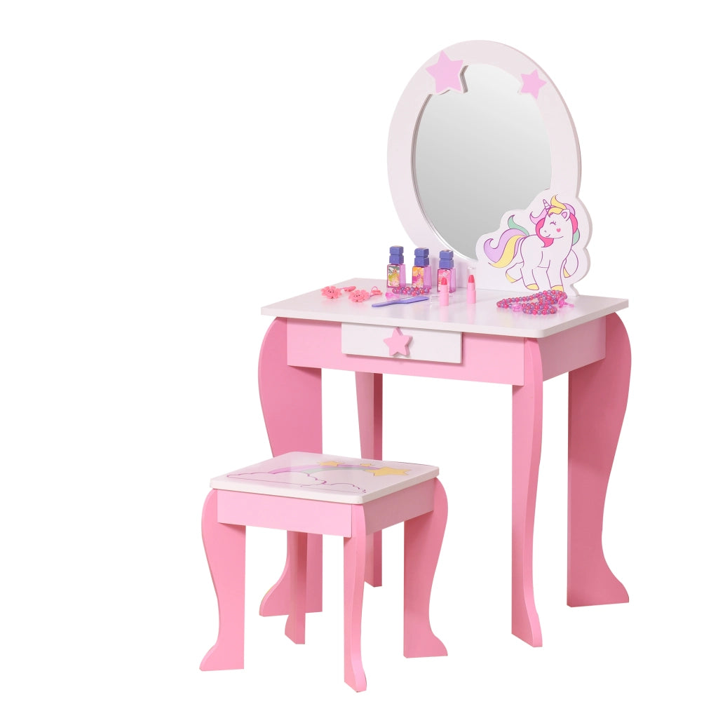 Specchiera Giocattolo con Cassetto e Sgabello Gioco Bambine 3-6 Anni